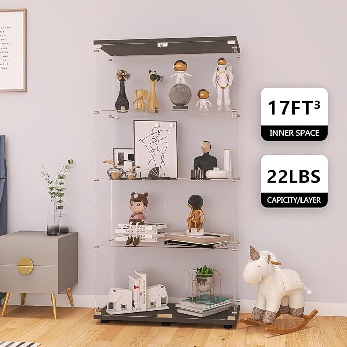 LFT HUIMEI2Y Glass Display Cabinet 4-Shelf with Double Door, Curio Cabinets Fast Installation in 30 Mins, Tempered Glass Floor Standing Bookshelf for Bedroom, Living Room 64.7”x 32”x 14.4” Black