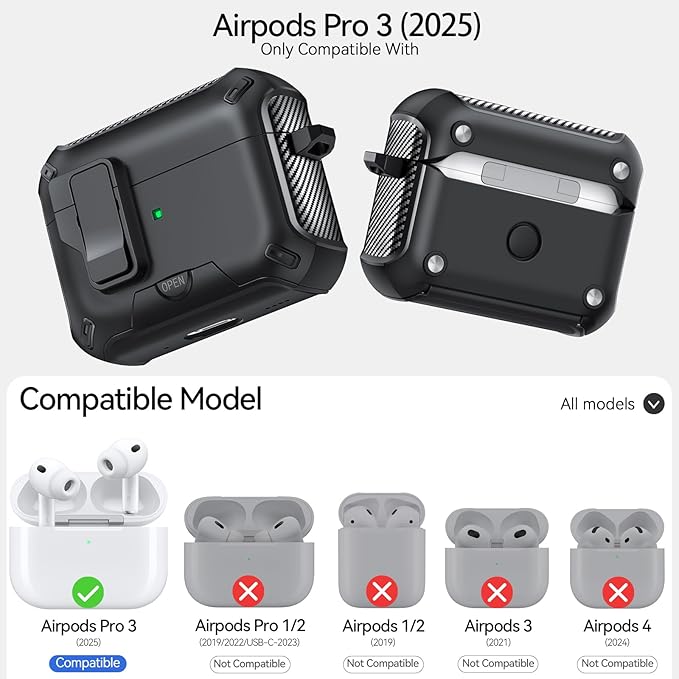 for AirPods Pro 3 Case (2025) with Phone Stand,（with Automatic Snap Switch） Carbon Fiber Design Protection Cover with Cleaning Pen,Balck