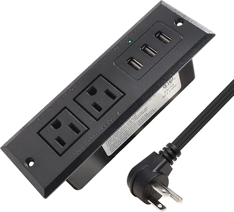 Desktop Recessed Power Strip with USB Flush Mount Power Socket 2 Outlets 3 USB Ports (15W/3A) Flat Plug Charge Station for Table Cabinet Sofa Counter