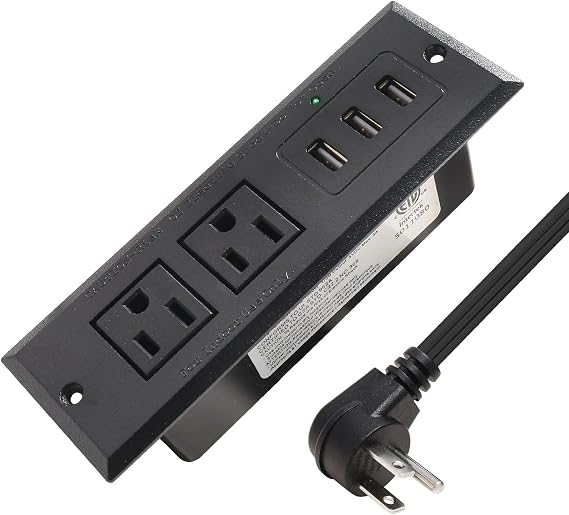 Desktop Recessed Power Strip with USB Flush Mount Power Socket 2 Outlets 3 USB Ports (15W/3A) Flat Plug Charge Station for Table Cabinet Sofa Counter