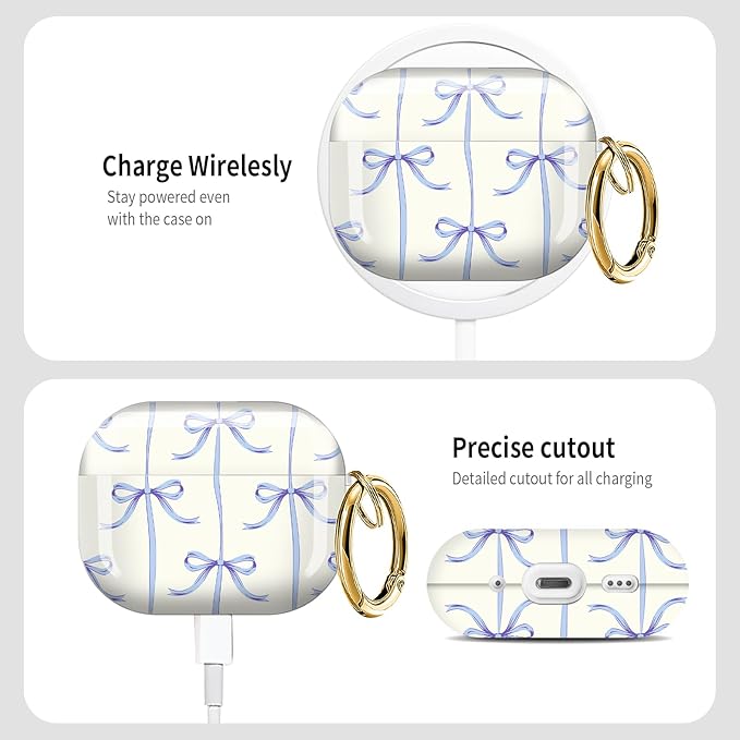 Cute Hard Case Compatible with AirPods Pro 3rd Generation Case (2025), Shockproof Protective Cover with Golden Keychain Ring Clip (Blue Bow)