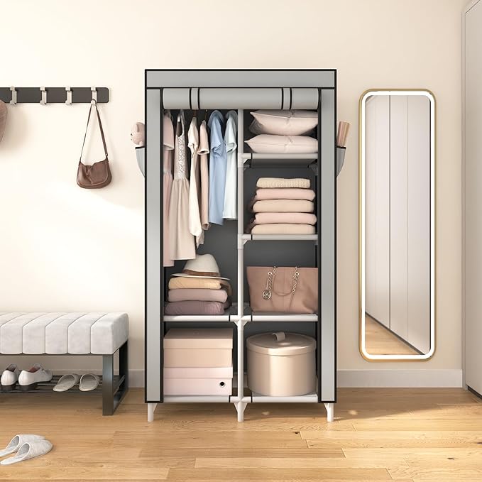 ROJASOP Portable Closet Wardrobe Closet for Hanging Clothes with 6 Storage Shelves, 1 Hanging Rod and 4 Pockets, Clothes Organizer and Storage Wardrobe Free Standing Closet for Bedroom, Grey