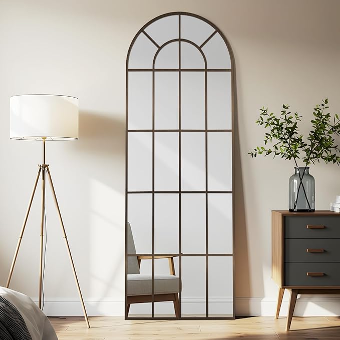 Arched Windowpane Mirror Full Length 71"x30" Wall Mounted Bronze Art Pane Farmhouse Decorative Floor Mirror Leaning Hanging Wall Mirror for Bedroom Living Room Entrance