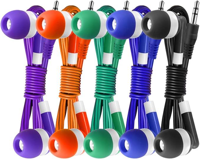 Keewonda 100 Pack Bulk Earbuds Headphones Assorted 5 Colors Individually Wrapped Disposable Earphones for Classroom, School, Library, Hospital, Students, Kids - 3.5mm Jack Tangle-Free