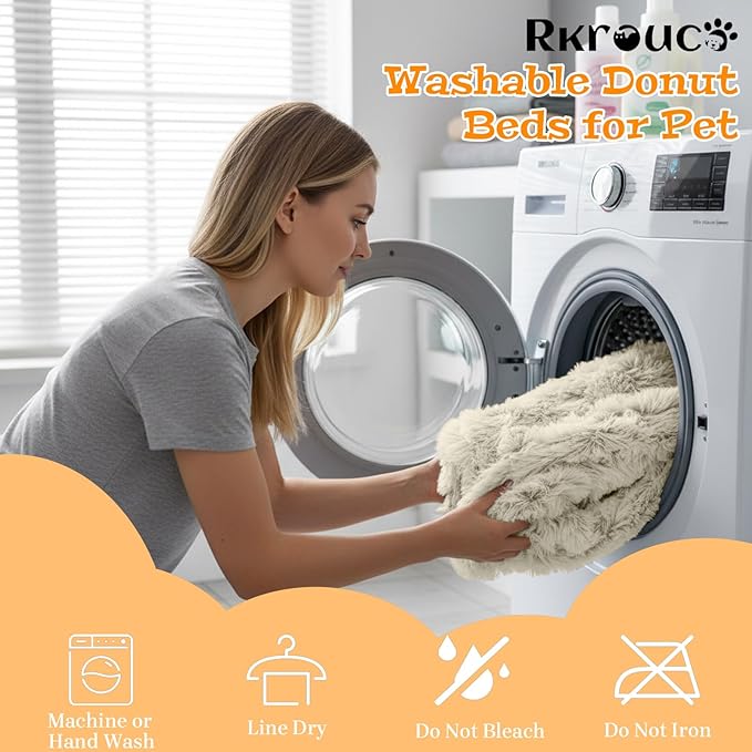 Fluffy Dog Bed Calming Donut Beds for Large Dogs Warming Round Small Medium Pet Nest Cozy Cat Mattress Indoor Washable Puppy Kennel Kittens Sleep Mat (XS, 20×20 inch, Khaki)
