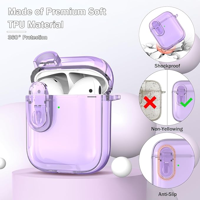 for Airpods 2nd Generation Case Cover with Secure Lock, Clear Soft TPU Transparent Military Grade Shockproof Protective Case with Cleaning Pen for Apple Airpods 2nd 2019, Clear Purple