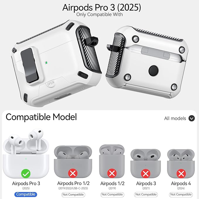 for AirPods Pro 3 Case (2025) with Phone Stand,（with Automatic Snap Switch） Carbon Fiber Design Protection Cover with Cleaning Pen,White
