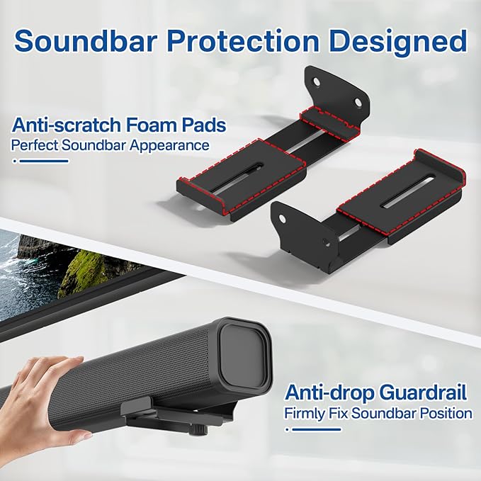 2-Pack Adjustable Soundbar Wall Mounts, Fit for Samsung, Bose, Vizio, LG Depth of 3.5"–6.3" Soundbars, Heavy-Duty Steel Holds up to 38 Lbs, With Anti-Slip Guardrail, Hardware Included Easy to Install