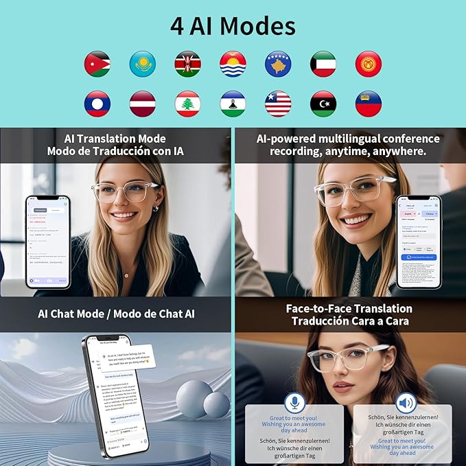 Bluetooth Smart Glasses for Women, AI Translation Glasses Supports 165+ Languages, Build in Mic Speakers, Color Change Lenses Transparent Frame with Polarized UV Protection for Travel & Business