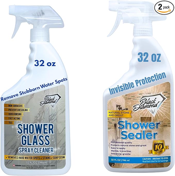 Black Diamond Stoneworks Bathroom Glass Cleaner Spray & Natural Stone Shower Sealer – 2 Pack Bathroom Bundle for Crystal-Clear Glass and Long-Lasting Stone Protection