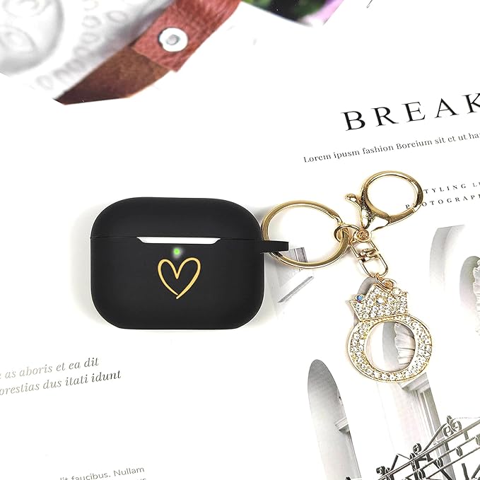Compatible with AirPods Pro 3 Case Cover (2025), Soft Silicone Case with Gold Heart Pattern for AirPods Pro 3rd Generation Case with Rhinestone Studded Letter A-Z Keychain (O Black)