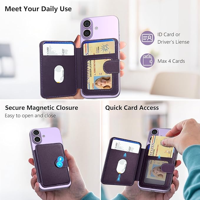 TopMade for Magsafe Wallet, Strongest Magnetic Card Holder for iPhone 17/16/15/14/13/12 Series, Slim Magnetic Phone Wallet, RFID Blocking, Vegan Leather, Open ID Window, 4 Cards Holder, Purple
