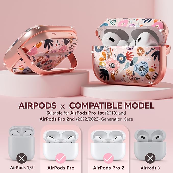 Inesore for AirPods Pro 2nd Generation Case Cover with Lock, Flowers Cute AirPod Pro 2 Case Hard iPod Pro Cases for Women Girls with Cleaner Kit for AirPod Pro Cases (2023 USB-C /2022/2019) - Pink