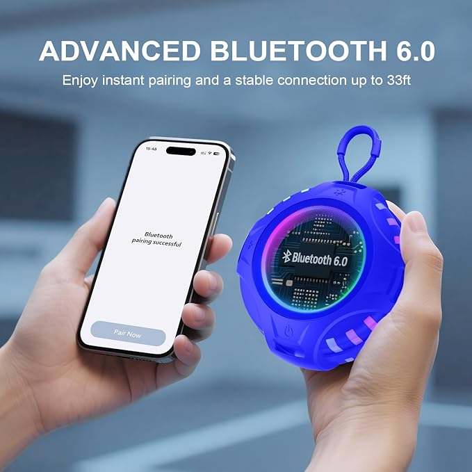 Wireless Bluetooth Speaker, Blue Tooth Portable Speaker with IPX6 Waterproof, 2500mAh Battery, TWS Pairing, RGB Light, Built in Mic, Support TF Card, USB, Unisex Gifts for Bathroom Party Home - Blue