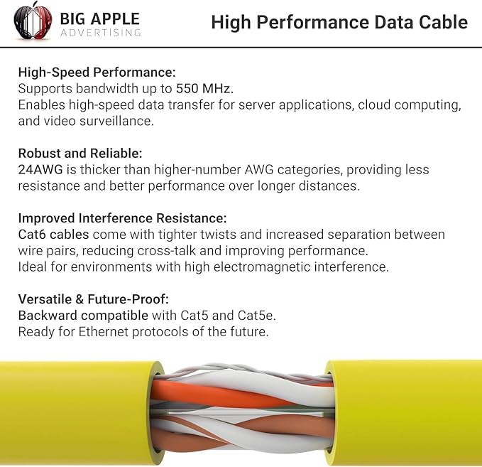 Big-A - Bulk Cat6 Cable 1000ft 23AWG Solid 4 Pair, Cat 6 Ethernet Cable Unshielded Twisted Pair (UTP), (CMR) 550MHz Internet Cable, Pull Box - Yellow
