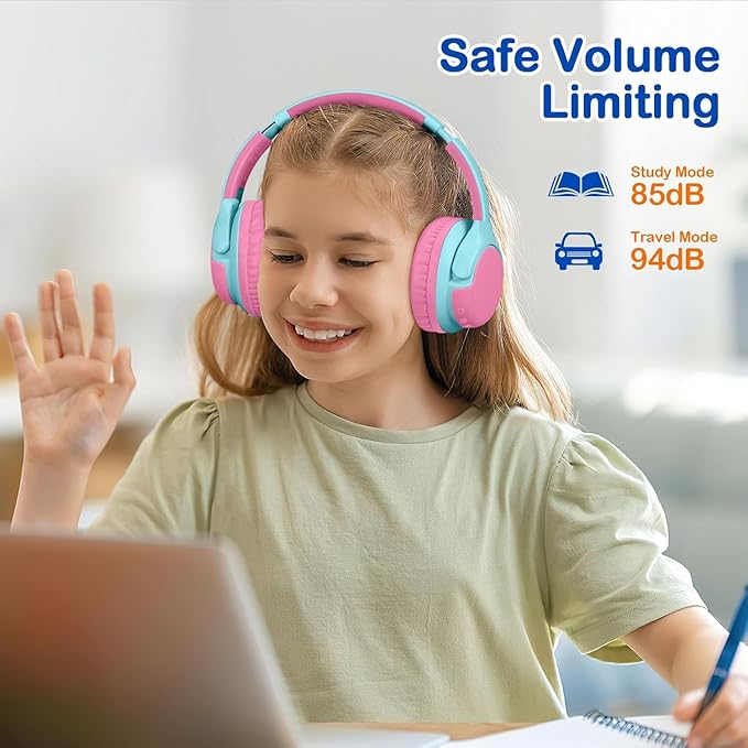 ZIHNIC Kids Bluetooth Headphones, 40Hrs Play time, Kids Wireless Headphones Over Ear with 85dB/94dB Volume Limited - Pink