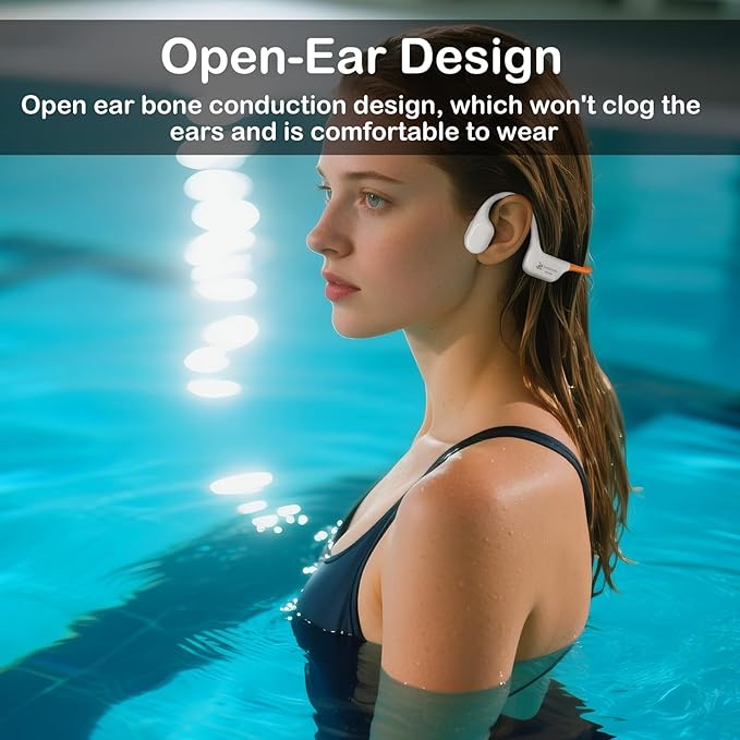 Bone Conduction Swimming Headphones, IP68 Waterproof Earbuds with 32GB MP3, Bluetooth 5.4 Open Ear Sport Earphones, Underwater Headphones for Swimming, Running, Cycling, Marathon-SurfAudio(Beige)