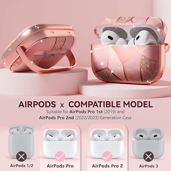 Inesore for AirPods Pro 2nd Generation Case Cover with Lock, Flowers Cute Air Pods Pro 2 Case Hard iPod Pro Cases for Women Girls with Cleaner Kit (2023 USB-C /2022/2019) -Pink Gold Marble