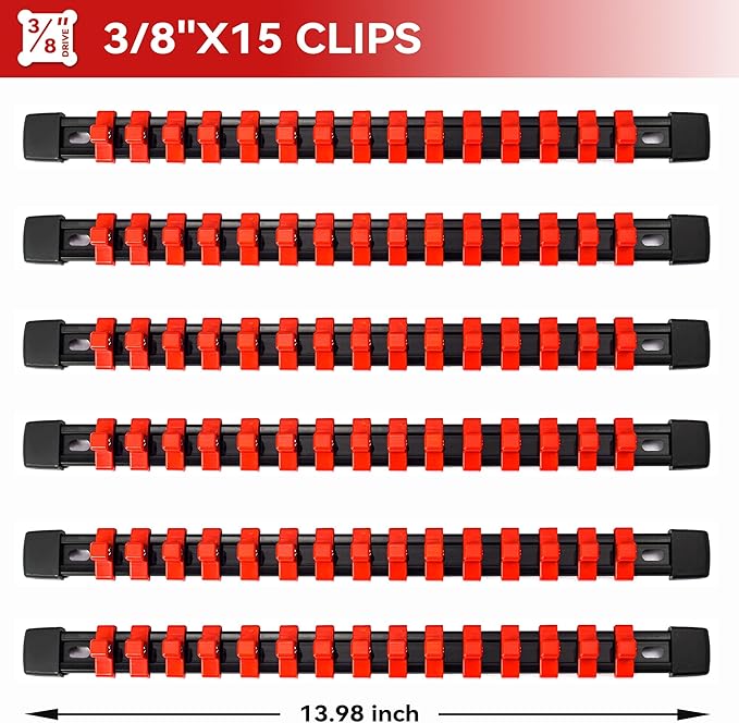 ALOANES 6PC ABS Socket Organizer, Socket Rails Fit 3/8 inch Drive, Heavy Duty Socket Holders Hold up to 90 Sockets, Black Rails with Red Clips