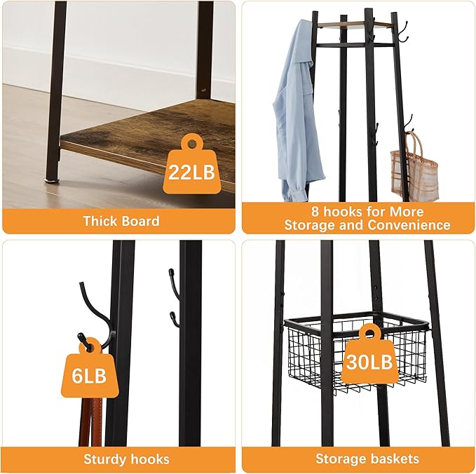 VECELO Coat Rack Freestanding, Entryway Clothes Stand with Metal Basket and 2 Shelves, Upgrade Hall Trees with 8 Dual Hooks for Bags, Hats, and Umbrellas, Industrial Styles, Vintage Brown+ Black