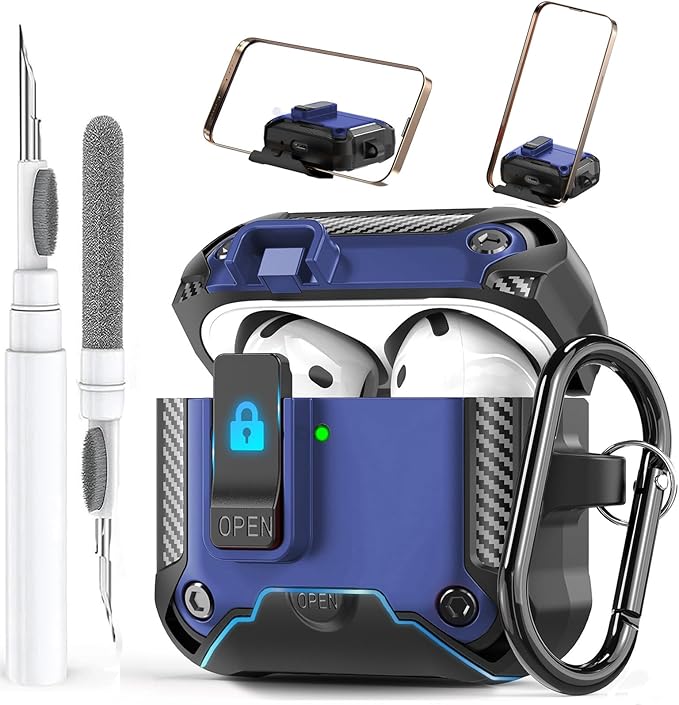 for Airpods 4 Case with Phone Stand&Lock Clip, Rugged Apple Airpods 4th Generation Cover 2024 Men Women, Armor Shockproof iPod 4 Gen Protective Hard Shell with Carabiner&Cleaner kit, Black/Blue