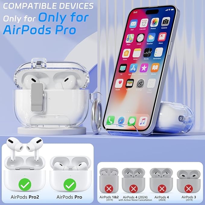 for AirPods Pro 2 Case with Phone Stand & Secure Lock, Auto-Open Clear Cover Compatible with Apple AirPods Pro 2nd/1st Gen (2023,2022,2019) with Cleaning Kit & Keychain (Clear White)