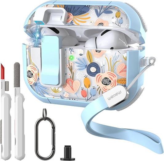 Wenew Case for AirPods Pro & Pro 2 Case Cover Secure Lock Automatic Snap Switch Clip Cleaner Kit Lanyard Women Stylish Armor Full Body Hard Shell Front LED Visible (Blue, AirPods Pro & Pro 2)