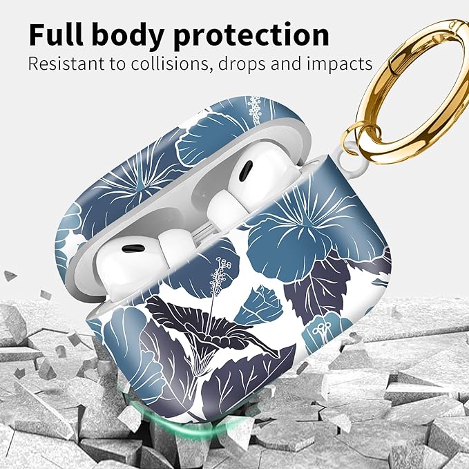 Compatible with Airpod pro 2nd/1st Generation Case Cover with Gold Round Keychain Cute Pattern Hard & Anti Slip Cover for Men Women & Girls（Lotus Leaf）