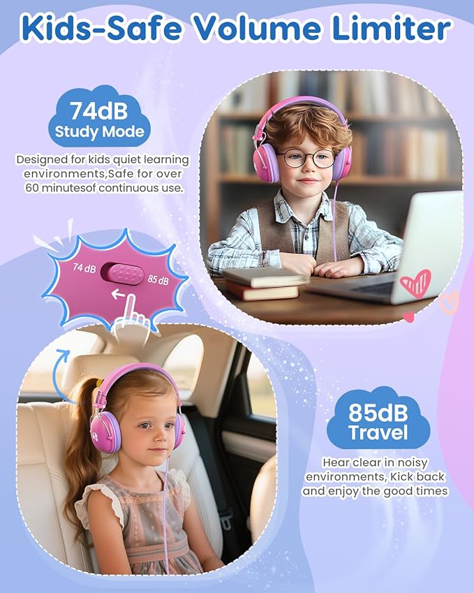 Kids Headphones, 74/85dB Safe Volume Limit, Stereo Sound, Wired On-Ear Headphones for Kids Boys Girls, 3.5mm Jack for Tablet, iPad, Kindle, YOTO Player, Airplane Travel, Pink
