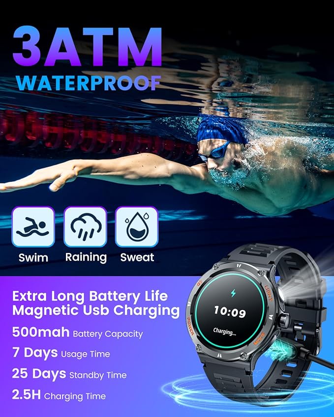 Smartwatch for Men Android Fitness Tracker: 1.53" Military Smart Watch with Flashlight Compass Make Answer Bluetooth Call Android iPhone Compatible 3ATM Waterproof Sport Watch Sleep Heart Rate Monitor