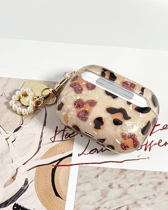 Compatible with AirPods Pro 3 Case Cute, Shell Cheetah Print Pattern Shockproof Protective Cover for Girls Women with Heart Keychain Designed for AirPod Pro 3rd Generation(2025), Leopard