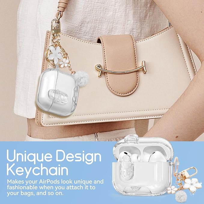 Clear Case for AirPods Pro 3 Case Cover with Safety Lock,Soft TPU Cover with Phone Stand & Cleaning Kit,Cute Bling Keychain for Women Girls-Clear White