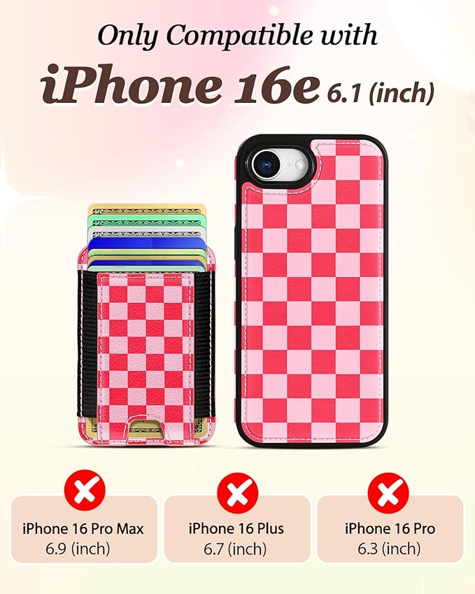 Shorogyt for iPhone 17e/16e Wallet Case - Fits 5 Cards, Compatible with Magsafe Detachable Magnetic Credit Card Holder Leather Cardholder Cute Phone Cover Women Girls for Apple 17e/16e, Checkered