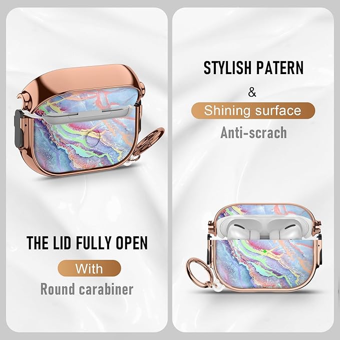 Maxjoy for Cute Airpods Pro 2 case with Safety Lock,Compatible Airpods Pro Case 2nd/1st Gen,Compatible Colored Marble AirPods Case Cover for Women Girly with Keychain-Rainbow