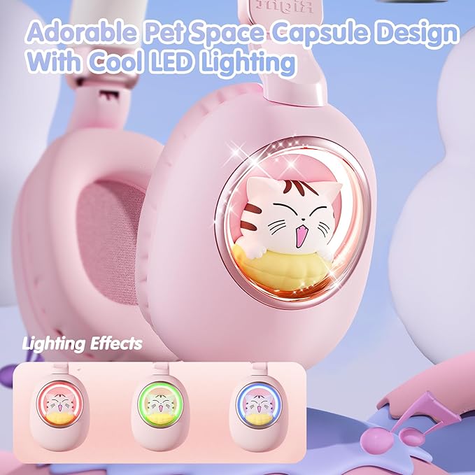 esonstyle Kids Headphones Cat Ear - Bluetooth 5.4 Over-Ear Noise Cancelling Headphones with Microphone LED Lights Up 85dB Safe Volume Limit Wireless or 3.5mm Wired USB C for Travel iPad Tablet (Pink)