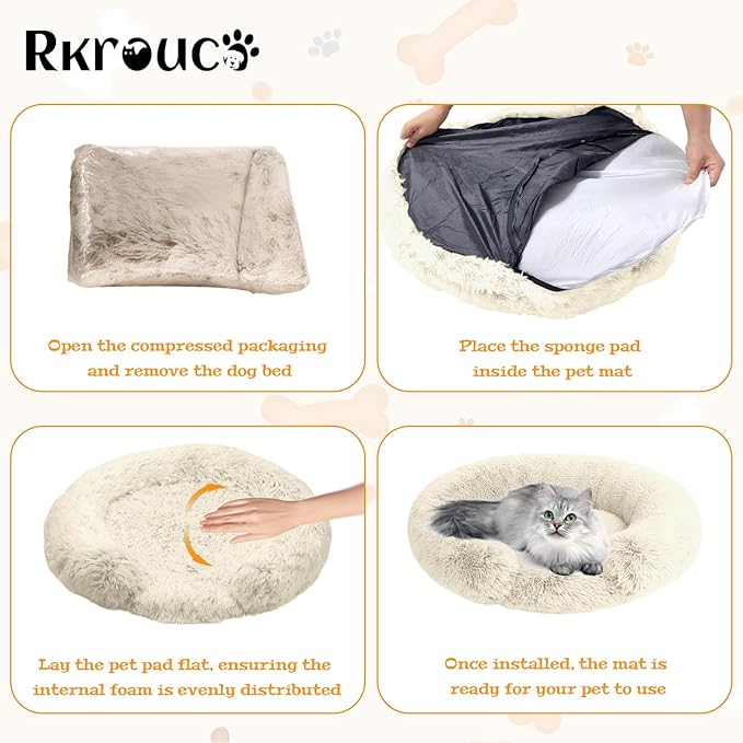Fluffy Dog Bed Calming Donut Beds for Large Dogs Warming Round Small Medium Pet Nest Cozy Cat Mattress Indoor Washable Puppy Kennel Kittens Sleep Mat (L, 35.4×35.4 inch, Khaki)