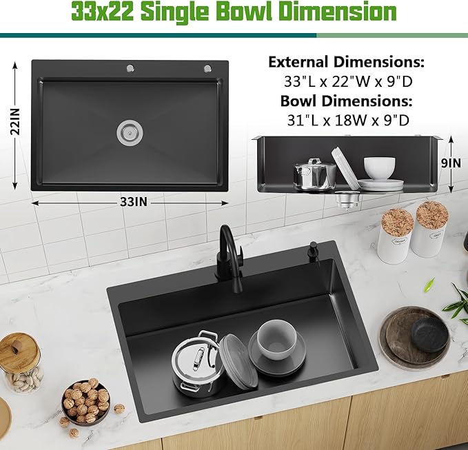 Black 33x22 Inch Stainless Steel Kitchen Sink - Drop In Modern Single Bowl Topmount Kitchen Sink With Silicon Mat,Drain Strainer Set Offering Large Basin Compatibility With Various Kitchen&Bar Style