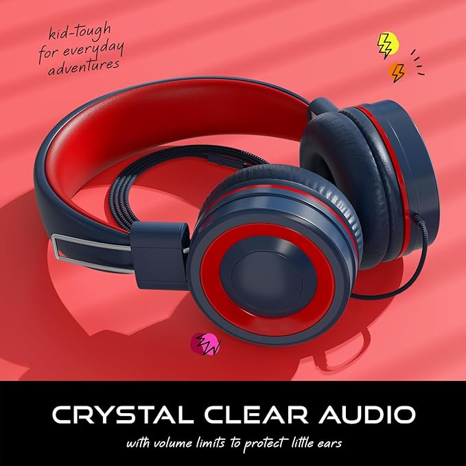 MYZI Kids Headphones with Cord, Foldable Over Ear Headphones for Kids with Microphone, Tangle-Free Wired 85dB Safe Volume Toddler Headphones for iPad, School, and Airplane – Navy