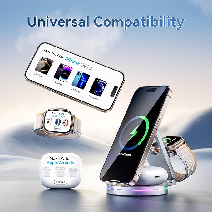 3 in 1 Wireless Charging Station for Apple Charger, 15W Fast Mag-Safe Qi-Certified Magnetic Portable Charger Stand for iPhone 1615141312 Apple Watch AirPods 3/2 Pro, Adjustable Angle (Silver, Qi)
