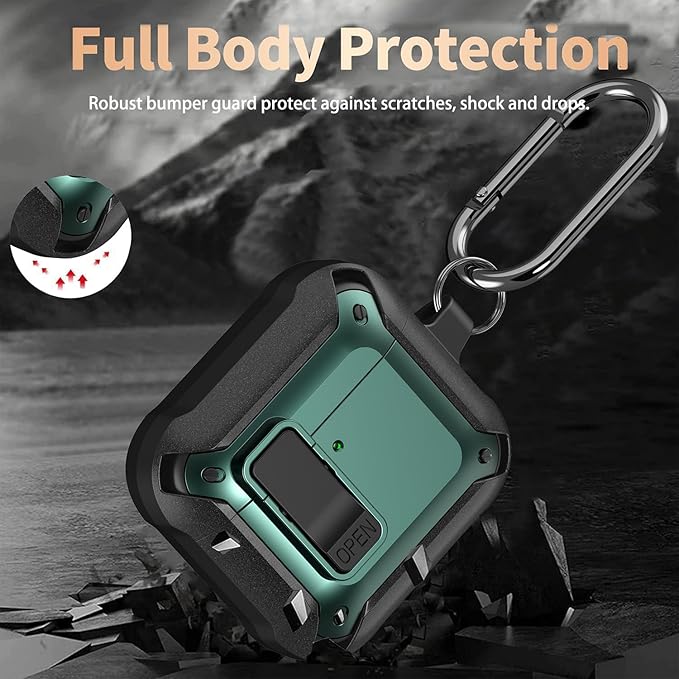 for Airpods 4 Case with Lock Clid, Rugged Apple Airpods 4th Generation Cover 2024 Men Women, Armor Shockproof iPod 4 Gen Protective Hard Shell with Carabiner&Cleaner kit,Black/Green