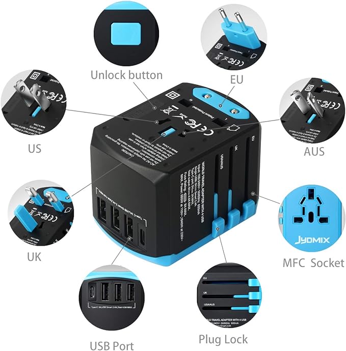 All in One Universal USB Travel Power Adapter with 3 USB Port and Type-C International Wall Charger Worldwide AC Power Plug 8 Pin AC Socket for Multi-Nation Travel UK, EU, AU, Asia
