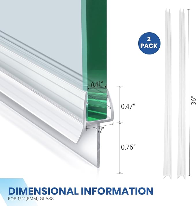 2 Pack Frameless Shower Door Bottom Seal with Long Sweep, Ultra Clear Glass Door Silicone Seal Strip (1/2'' X 36'') Suitable for 12mm Glass -Stop Shower Leaks Frameless Shower Door Seal Strip