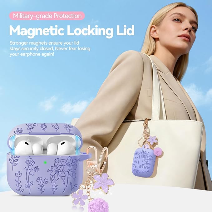 for Airpods Pro 3 Case with Magnetic Lid, Flower Engraved Case Cover Compatible with AirPods Pro 3rd Generation 2025, Soft Silicone Cases with Keychain & Cleaner for Women Girly, Shockproof
