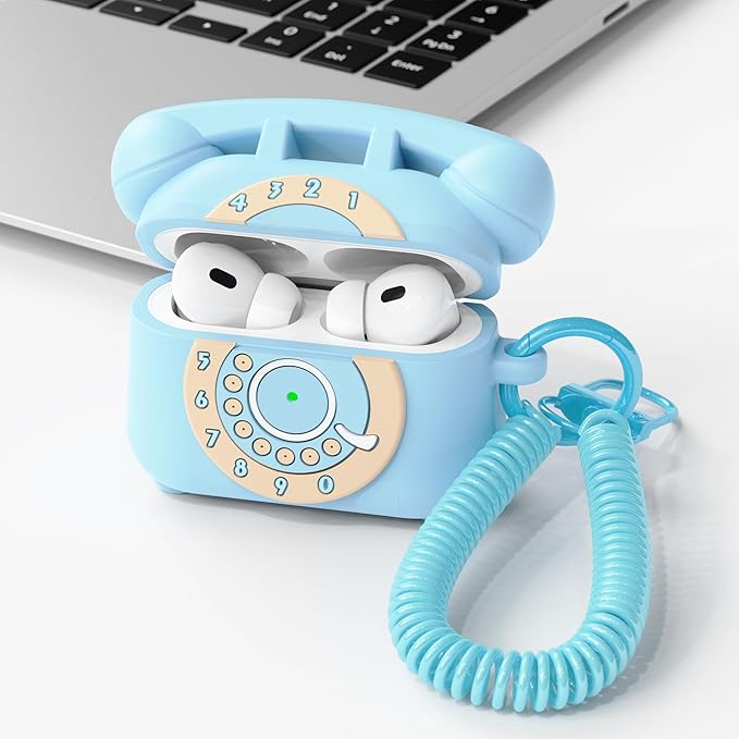 KOREDA for AirPods Pro 2nd/1st Generation Case Cover with Cleaner Kit & Lanyard, Cute Funny Telephone Design Silicone Protective Case for AirPods Pro 2 - Sky Blue