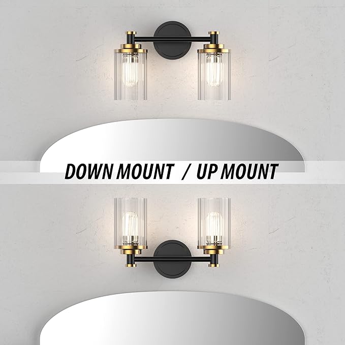 Bathroom Lighting Fixtures Black and Gold Bathroom Vanity Light with Cylindrical Clear Stripes Glass Lampshade E26 Socket Base Bathroom Lighting Fixtures Over Mirror (2 Lights)