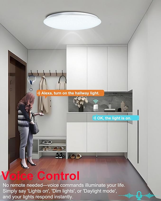 WF-Version LED Ceiling Light with Speaker 40W 13Inch Control via app/Voice/Remote Adjustable Brightness & Color Temperature Ceiling Lamp RGB Ambient Lighting for Bedroom Kids Room and More