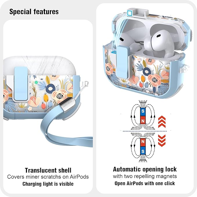 WENEW for AirPods Pro 3 Case (2025) Cover Secure Lock Automatic Snap Switch Clip Cleaner Kit Lanyard Women Stylish Flower Hard Shell Full Body Front LED Visible (Blue, AirPods Pro 3)