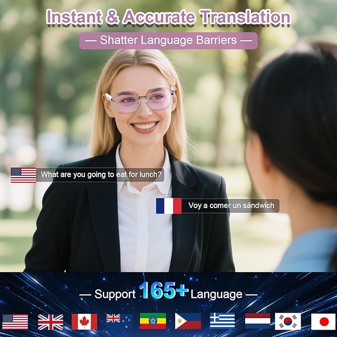 AI Translation Smart Glasses for Women, Powered by GPT, Recording/Real-Time Translation with 160+ Language, Photochromic Lenses, Multifunctional Bluetooth Glasses for Travel Meeting Business