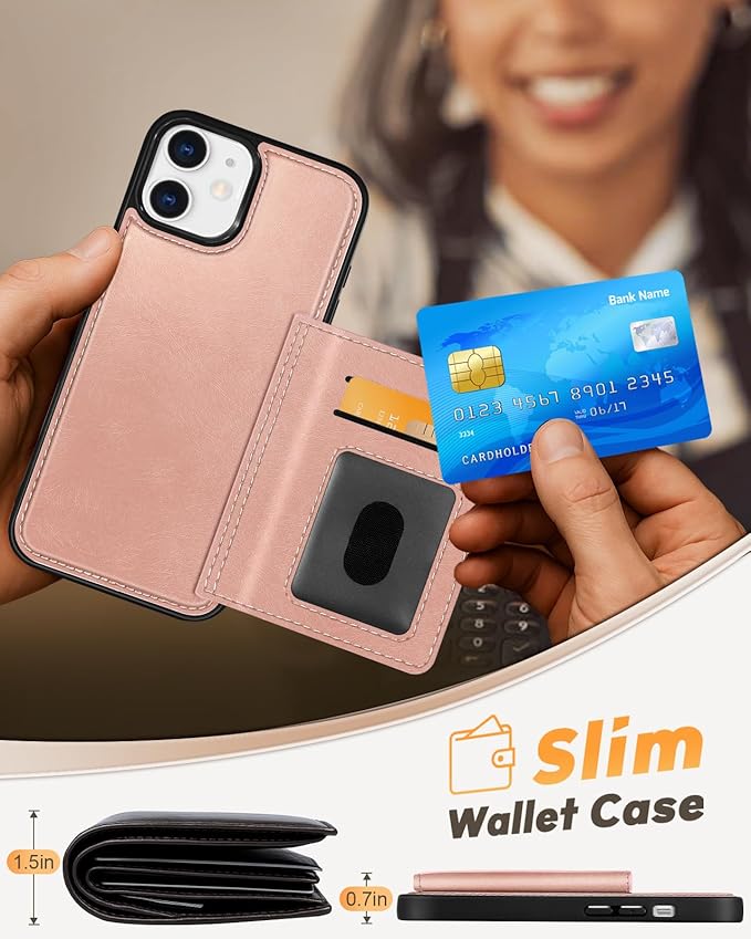 for iPhone 11 Case with Wallet - Fits 4 Card Slots, Compatible with MagSafe for Women Aesthetic Durable PU Leather Credit Card Holder Kickstand Phone Cover for Apple 11, Rose Gold