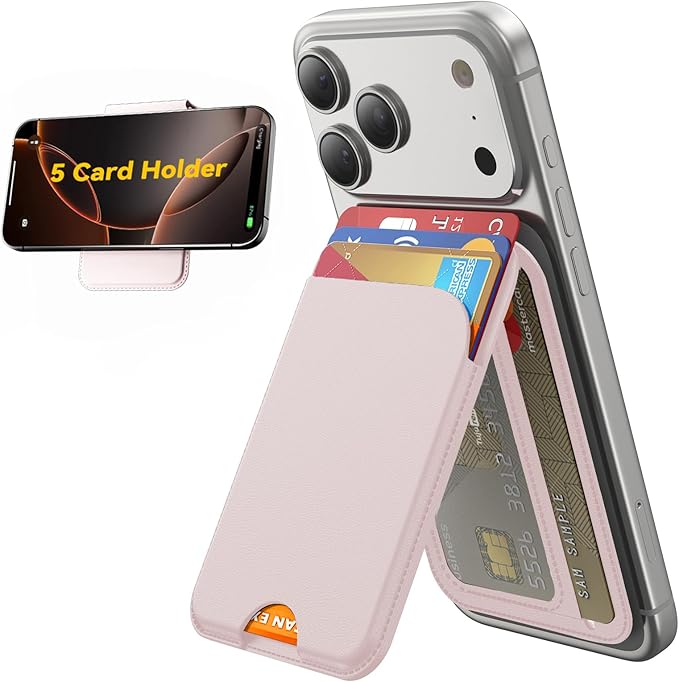for MagSafe Wallet, 5 Cards Holder with Stand, Magnetic Phone Wallet Stand for iPhone 17/16/15/14/13/12 Pro Max Air Plus Series, RFID Blocking Vegan Leather,Pink